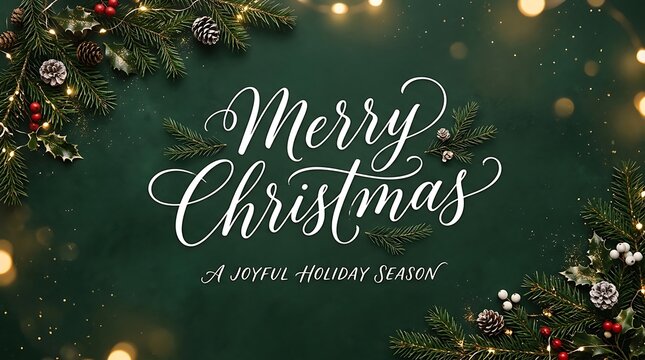 Merry Christmas calligraphy greeting card design with festive pine branches and lights