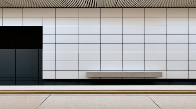 Minimalist white metro platform wall with grid tiles, safety yellow strip and bench for design background and poster