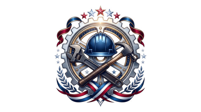 Industrial emblem featuring a blue safety helmet crossed with a heavy metal wrench and hammer centered inside a detailed mechanical gear surrounded by patriotic ribbons and bright shiny stars above