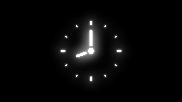 Glowing neon clock animation with spinning hands on a dark background representing time passing and deadline pressure