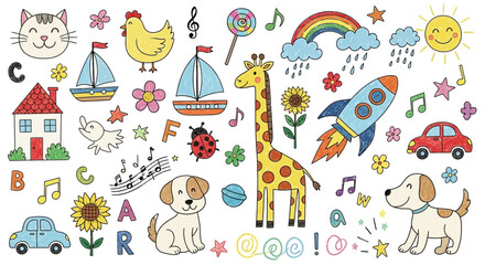 Fototapeta premium Vibrant playful vector illustration with colorful abstract shapes, geometric forms, and dynamic design elements set against a white background for versatile creative usage.