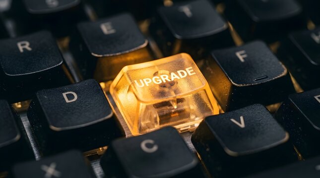 Close-up of a golden delete key on a mechanical keyboard with a glowing effect and shallow depth of field.