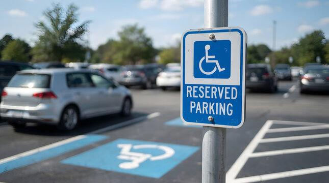 Handicap parking sign with reserved space in lot