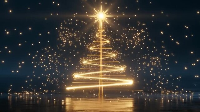 Glowing abstract christmas tree made of gold light and sparkles on a dark background