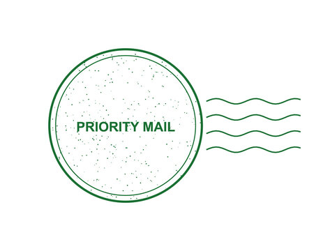 Green priority mail postal stamp ink mark with circular border and wavy lines isolated on transparent background