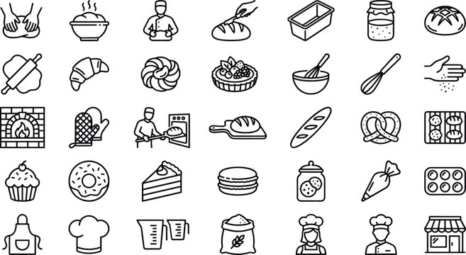 Artisanal Bakery and Bread Making Line Icon Set with Chef Kneading Dough Slicing Loaf Wood Fired Oven and Pastry Symbols for Cafe Menus
