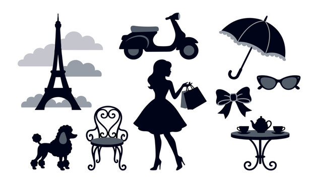 Paris fashion silhouette element collection with eiffel tower woman shopping scooter poodle dog cafe table umbrella vector illustration