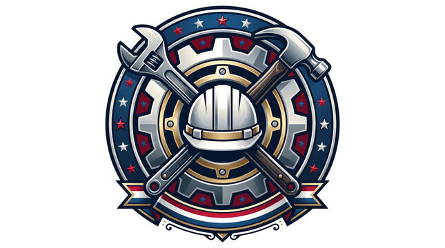 Industrial emblem featuring a silver hard hat crossed with a heavy hammer and an adjustable wrench inside a metallic gear surrounded by stars and patriotic red white and blue ribbons