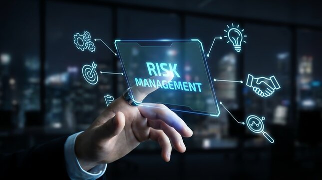 Risk Management Strategy with Futuristic Holographic Interface and Icons