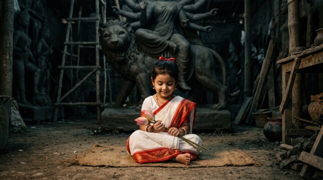 Little Girl Sitting in Artisans Workshop for Durga Puja
