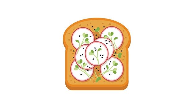 Healthy vegan breakfast toast vector illustration with sliced radish fresh green microgreens and black sesame seeds isolated on white background