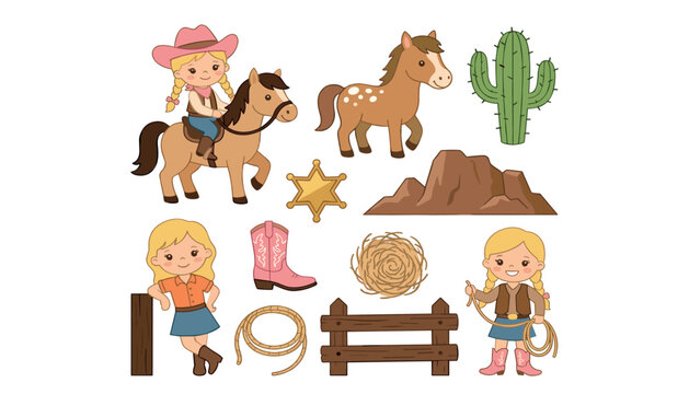 Cute wild west cowboy girl cartoon elements set with cowgirl horse cactus sheriff star mountain boot rope fence tumbleweed vector illustration