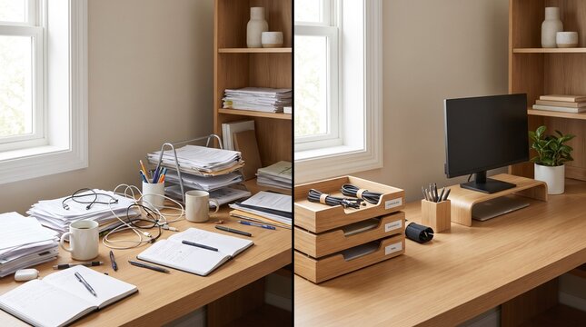 Home office organization transformation from cluttered workspace to clean desk with storage trays and effective cable management.