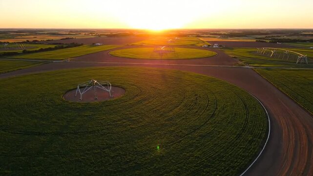 Sunrise Over Farmland: A breathtaking sunrise paints the sky in hues of orange and gold over a vast expanse of agricultural fields, highlighting the beauty of the countryside at dawn.
