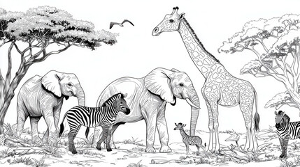 Naklejka premium Black and white illustration featuring elephants, giraffe, and zebras in natural setting, showcasing wildlife and nature