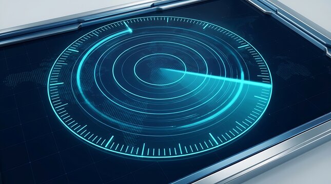 Futuristic digital radar screen scanning a world map interface on a high tech futuristic control panel