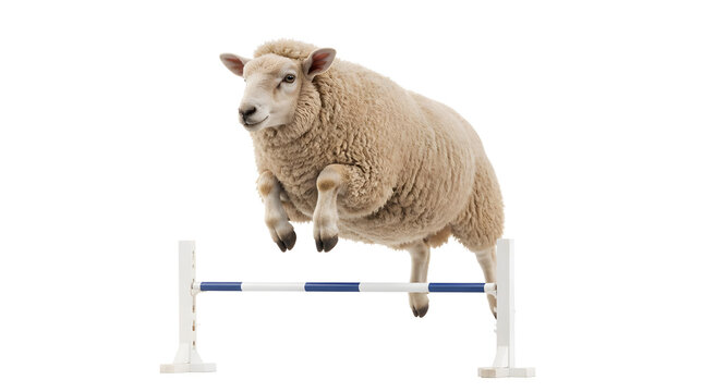 Farm animal sheep jumping over hurdle in athletic competition