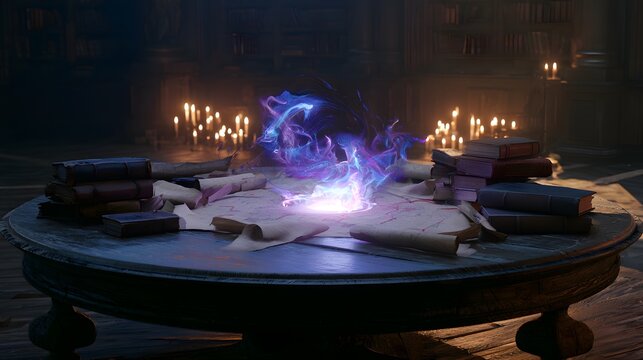 Mystical library reveals ancient knowledge through a vibrant swirling portal of otherworldly energy