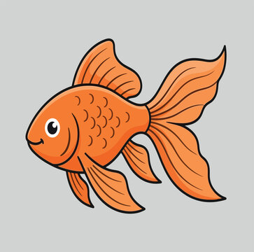 Cartoon orange goldfish with large flowing fins, bold black outlines, and a cheerful expression, swimming left against a gray background.
