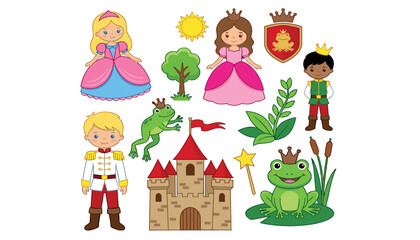 Fototapeta premium Cute fairytale princess prince and frog prince collection with castle shield crown magic wand and trees vector illustration