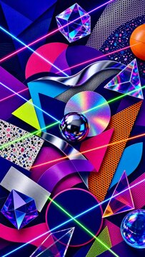 Vibrant Abstract 3D Geometric Composition with Neon Lasers, Iridescent Crystals, Chrome Spheres and Terrazzo Textures Wallpaper