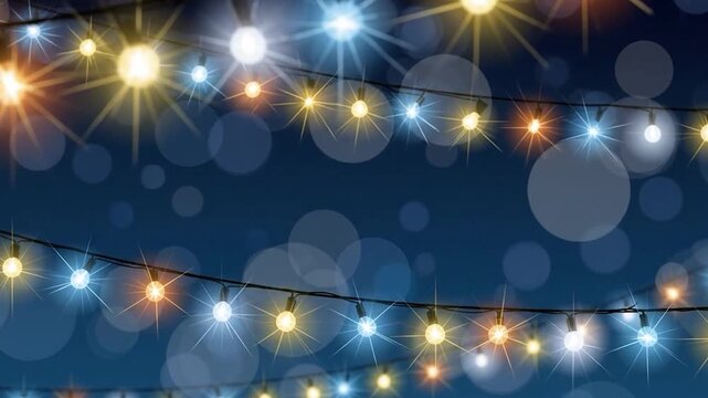 Festive glowing fairy lights string against a dark blue night sky background with bokeh effect