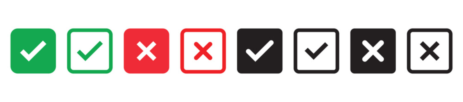 Check mark icon set. Check box icon with right and wrong buttons, yes or no checkmark icons. green tick box and red cross symbol. Check box icon with right and wrong buttons 