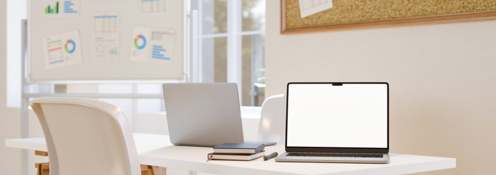 3D Illustration of Modern Office Workspace with Laptop Blank Screen, Notebooks, and Business Charts on Whiteboard