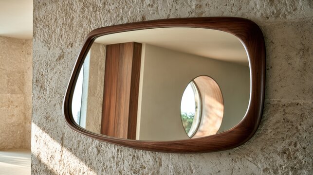 Close up organic wooden mirror frame on textured stone wall with circular window reflection for interior design decor and background