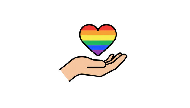 Minimal rainbow heart in open hand icon, pride support symbol on white background, simple inclusive love illustration PNG