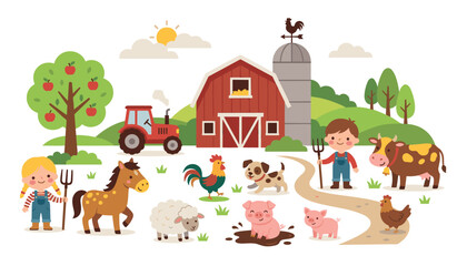 Naklejka premium Cute cartoon farm vector illustration with red barn tractor happy kids and domestic animals isolated on white background