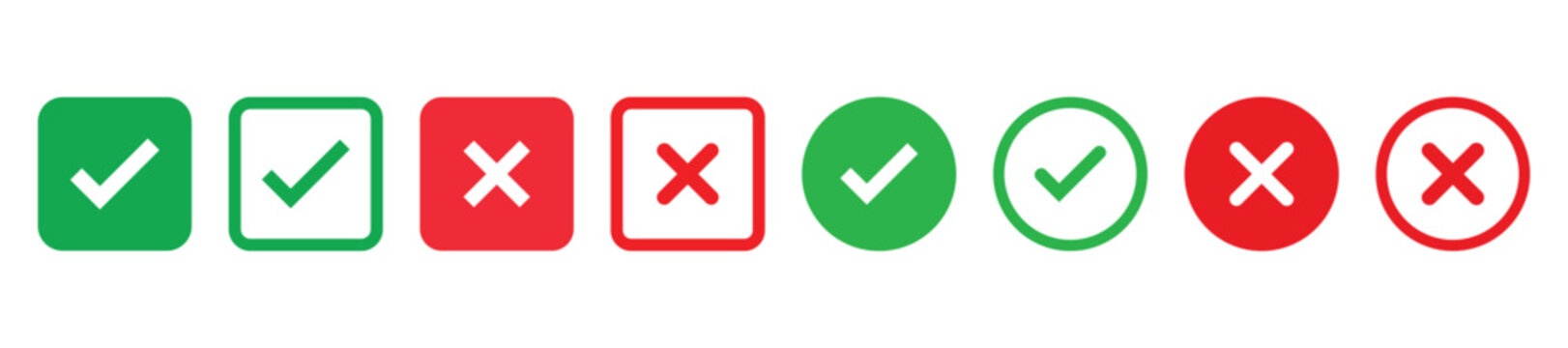 Check mark icon set. Check box icon with right and wrong buttons, yes or no checkmark icons. green tick box and red cross symbol. Check box icon with right and wrong buttons 