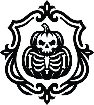 Gothic halloween vector illustration featuring a creepy skull carved into a grinning pumpkin, surrounded by skeletal ribs and an ornate decorative frame
