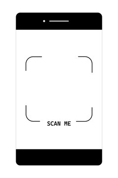 Black arrow pointing to square with Scan Me text above, symbolizing QR code or scanning. Vector illustration