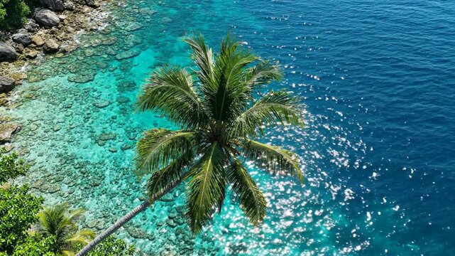 Aerial view of tropical palm tree over crystal clear turquoise ocean water and coral reef shoreline in paradise