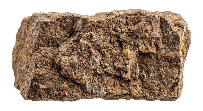 Close-up of a rough, textured, brown mineral rock specimen on a white background