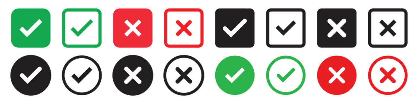 Check mark icon set. Check box icon with right and wrong buttons, yes or no checkmark icons. green tick box and red cross symbol. Check box icon with right and wrong buttons 