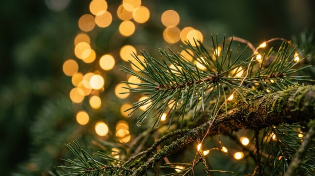 Christmas fairy lights on pine tree branches with golden bokeh background for holiday decor