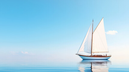 Fototapeta premium Serene sailboat glides across calm waters under clear blue sky, creating peaceful and tranquil scene