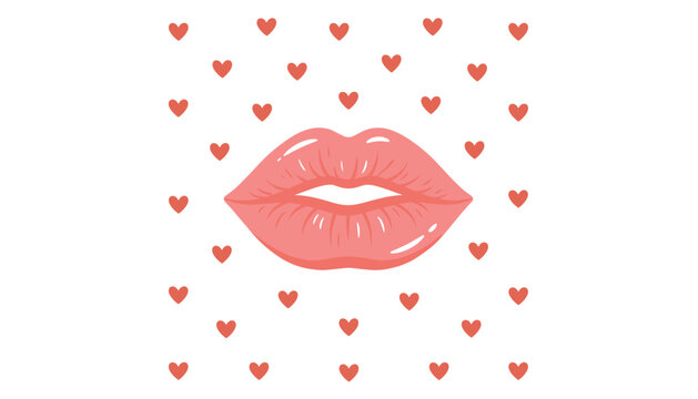 Beautiful pink sensual lips vector illustration surrounded by a decorative pattern of small red hearts isolated on white background
