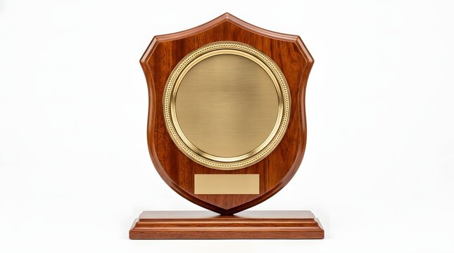 Polished wooden trophy with a gold plaque mounted on a base stands ready for presentation or award ceremony.