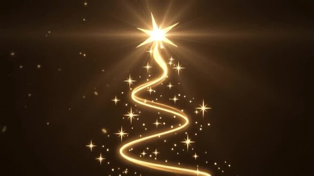 Abstract golden spiral christmas tree with glowing lights and sparkles on dark background