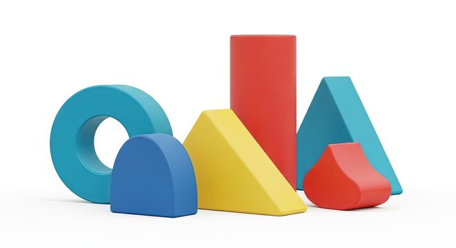 Colorful geometric shapes on a white background: circle, triangles, cylinder, and abstract form. Modern, clean design.