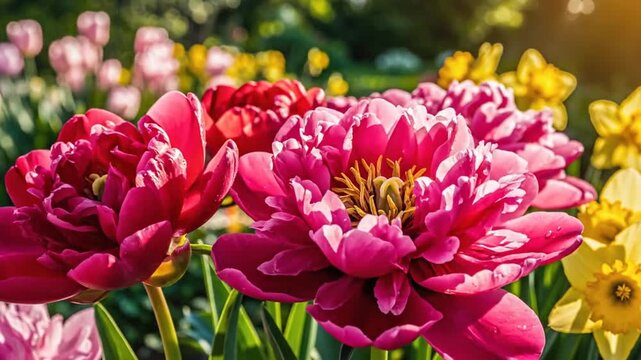 Vibrant Peony Garden: A close-up view of lush, deep pink peonies blooming in a sun-drenched garden, surrounded by a colorful array of tulips and daffodils.