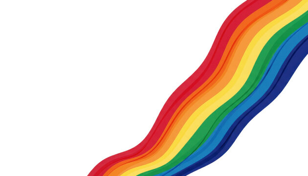 Rainbow wavy ribbon border on white background, colorful gradient stripes, abstract pride-inspired corner banner design PNG