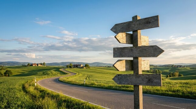 A weathered wooden signpost stands prominently in a lush green meadow, pointing in multiple directions.