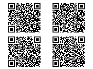 Fototapeta premium Digital QR code set with 4 black and white icons. Minimalist square barcode collection for mobile scanning and marketing technology.