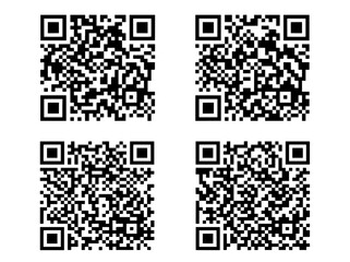 Fototapeta premium QR code set with four unique digital matrix barcodes. Black and white square scan icons. Minimalist vector graphic for mobile payment and data tracking.
