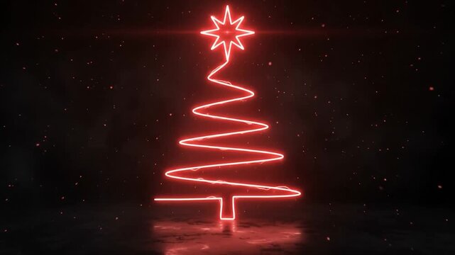 Red glowing neon christmas tree with a star on a dark background