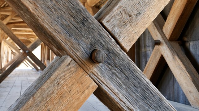 Diagonal timber cross bracing joinery inside historic covered bridge for design texture background and structural detail